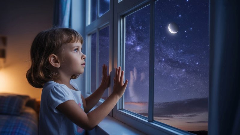 a girl looking gazing out through a large window at the starry night sky
