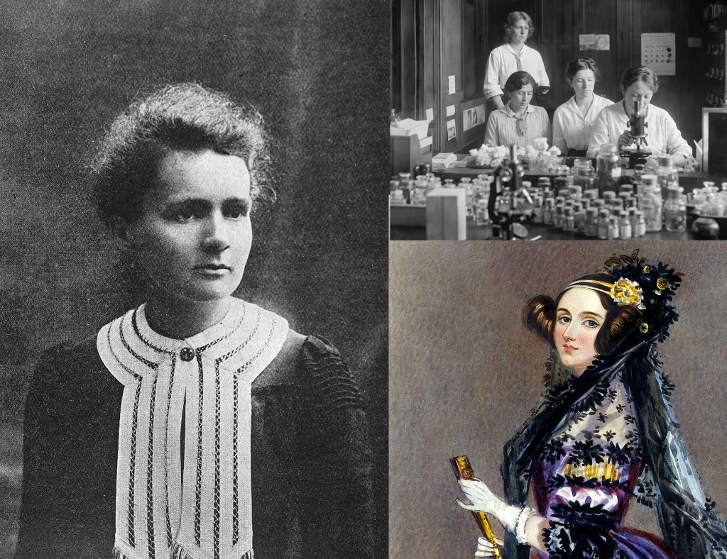 Famous women in science, Madame Curie, a photo of scientists in a lab, Ada Lovelace