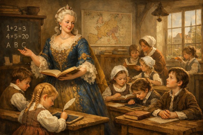 Empress Maria Theresa in an 18th-century classroom, surrounded by children learning to read and write, symbolizing her education reform that made schooling accessible to all. Image created with AI