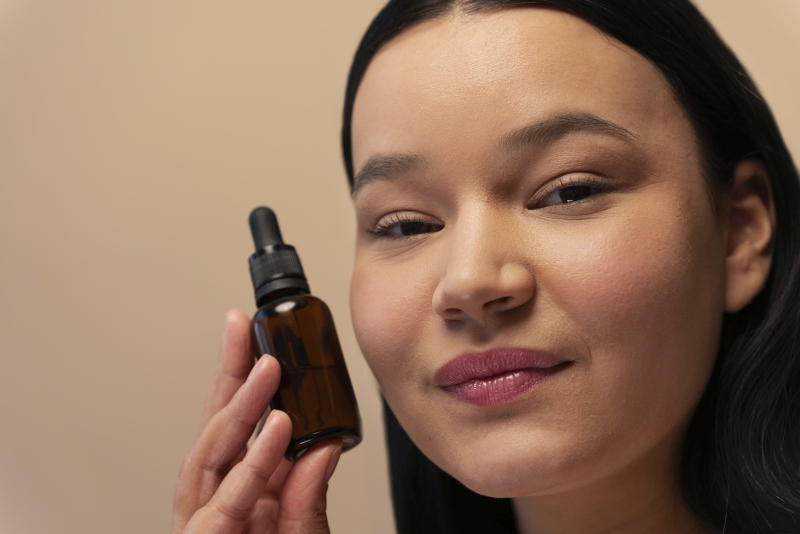 Woman holding a small dropper bottle of facial oil, representing natural skincare inspired by beauty rituals around the world.; Source: https://www.freepik.com/free-photo/portrait-woman-holding-serum-bottle-with-dropper_41280594.htm 