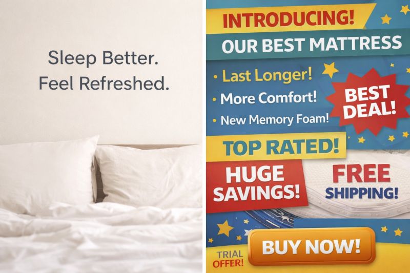 Split image showing clear minimalist ad on the left and cluttered, confusing advertisement on the right. Image created with AI