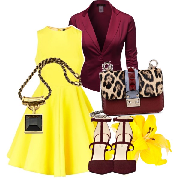  Styled outfit flat lay featuring a yellow dress, burgundy blazer, matching heels, leopard-print handbag, and statement necklace in coordinated tones. Source: Alexandra Vrábelová