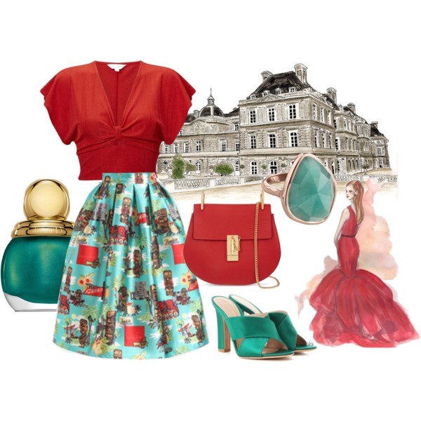 Styled outfit flat lay featuring a red top, printed skirt, green heels, red handbag, and accessories in bold, colorful tones with fashion-inspired elements. Source: Alexandra Vrábelová