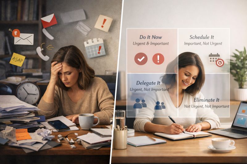 Split image of a stressed woman surrounded by clutter and urgent tasks contrasted with a calm, organized woman using the Eisenhower Matrix to manage priorities and plan her day. Image created with AI