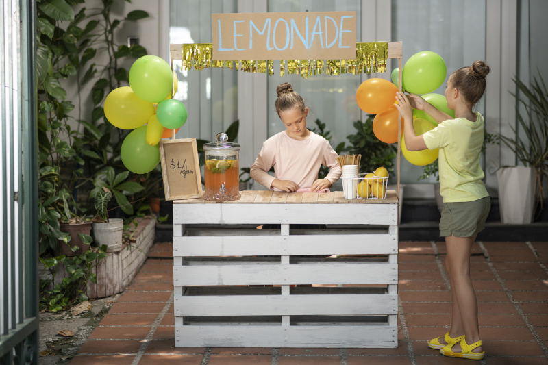 Two children running a lemonade stand decorated with balloons, preparing drinks and setting up their small business outdoors. Source: https://www.freepik.com/free-photo/kids-organising-lemonade-stand_27307432.htm