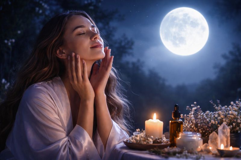 Alt text:Woman performing a moon bathing ritual under a bright full moon, surrounded by candles, flowers, and natural skincare items; Image created with AI
