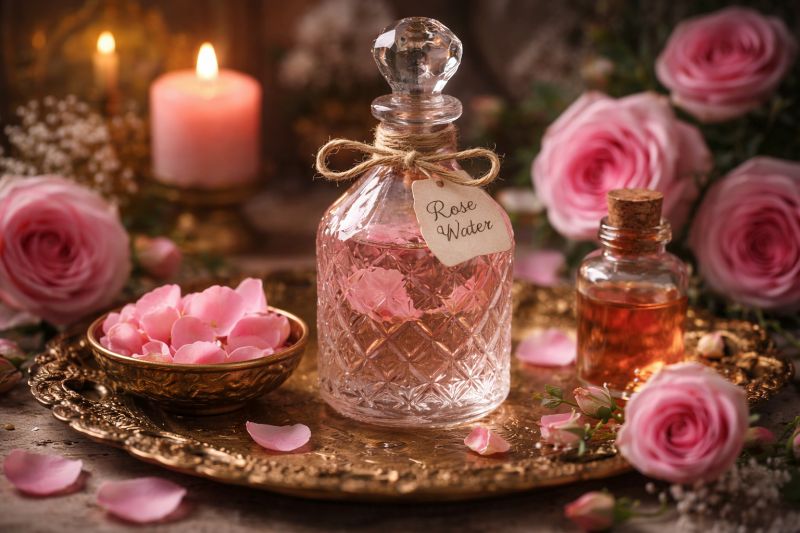Decorative glass bottle of rose water on an ornate tray surrounded by pink roses, petals, and candles; Image created with AI