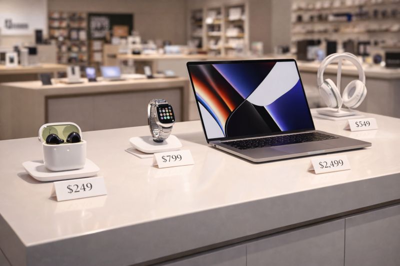 Modern electronics store display with premium gadgets such as a laptop, smartwatch, wireless earbuds, and headphones presented on a clean, elegant counter with visible price tags, Image created with AI