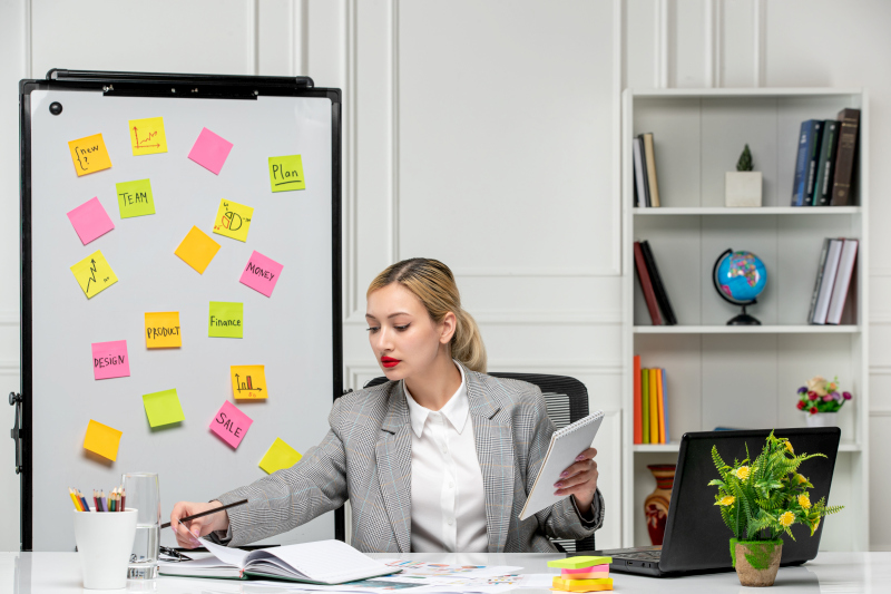 Professional woman at a desk organizing tasks with colorful sticky notes on a board, representing planning, prioritization, and time management. Source: https://www.freepik.com/free-photo/marketing-young-cute-blonde-girl-grey-suit-office-writing-something-notepad_26314746.htm