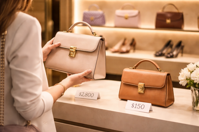 Woman in a luxury boutique comparing two handbags, holding a high-priced beige designer bag while a cheaper brown bag sits beside it; Image created with AI