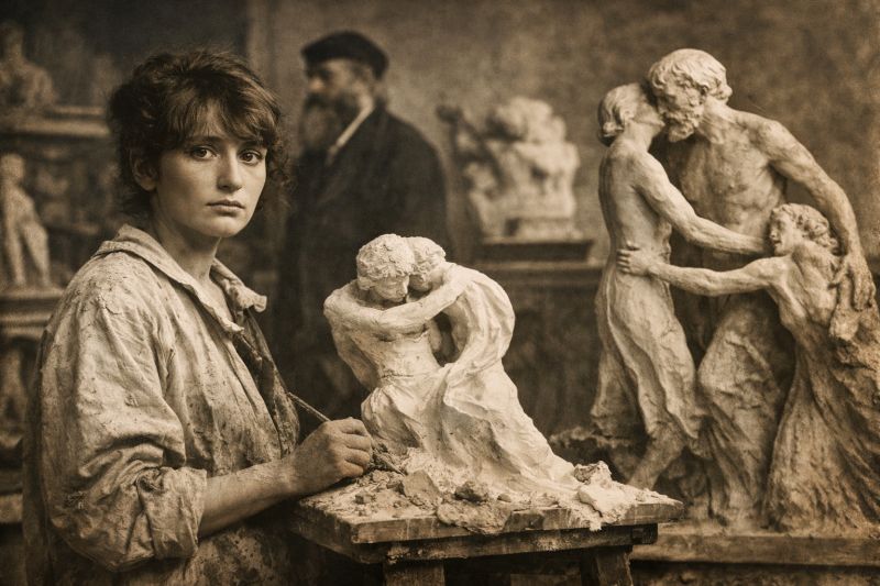 Sepia-toned scene of an artist sculpting in her studio, with expressive clay figures in the foreground and a blurred figure of Auguste Rodin in the background, Image created with AI