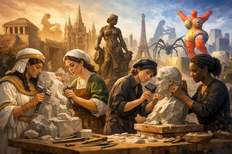 Female sculptors from different eras carving sculptures, showing the evolution of women in art. Image created with AI