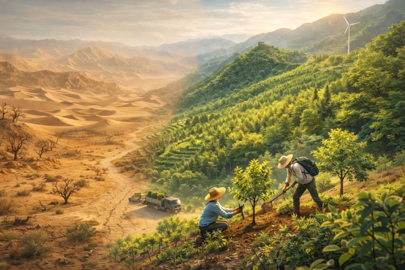 Split landscape showing dry desert on one side and restored green hills on the other, with people planting trees to reverse land degradation. Image created with AI