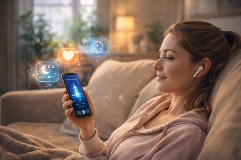 Woman relaxing on a couch using a mental health app on her smartphone, illustrating accessible and personalized digital well-being support. Image created with AI