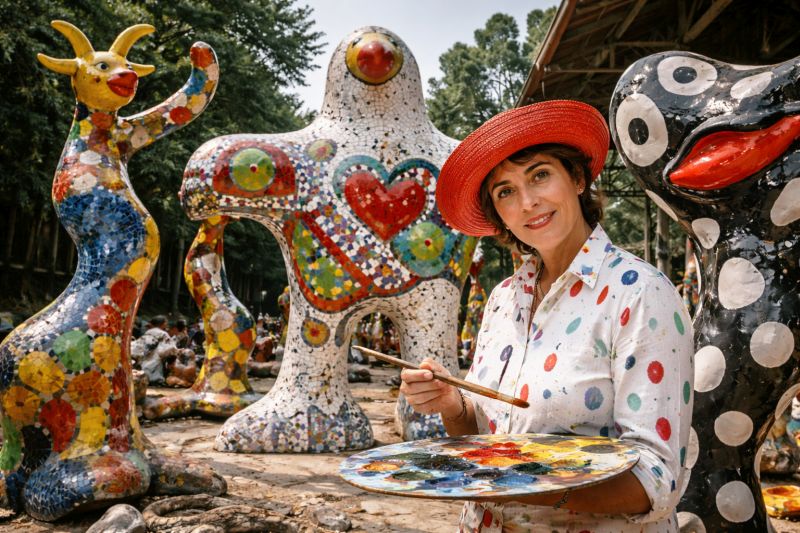 An artist painting outdoors, surrounded by colorful, mosaic-covered sculptures from Le Paradis Fantastique, featuring playful, oversized figures in vibrant patterns. Image created with AI