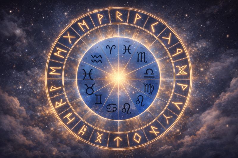 Circular runic astrology chart with glowing Norse rune symbols surrounding zodiac signs on a starry background. Image created with AI