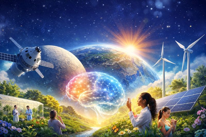 Futuristic scene showing Earth and the Moon with a spacecraft, wind turbines, solar panels, and a glowing brain symbolizing science, sustainability, and innovation., Image created with AI