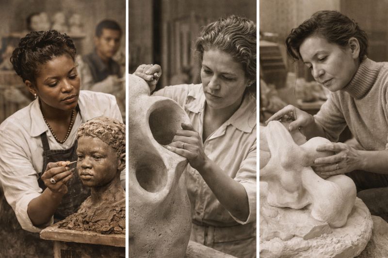Triptych-style image of three female sculptors at work—one shaping a realistic clay portrait, one refining a smooth abstract form, and one creating an organic plaster sculpture—highlighting diverse styles, cultures, and creative approaches., Created with AI