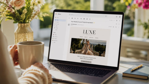 Woman enjoying coffee while reading a stylish fashion newsletter on a laptop in a bright, sunlit workspace. Image created with AI