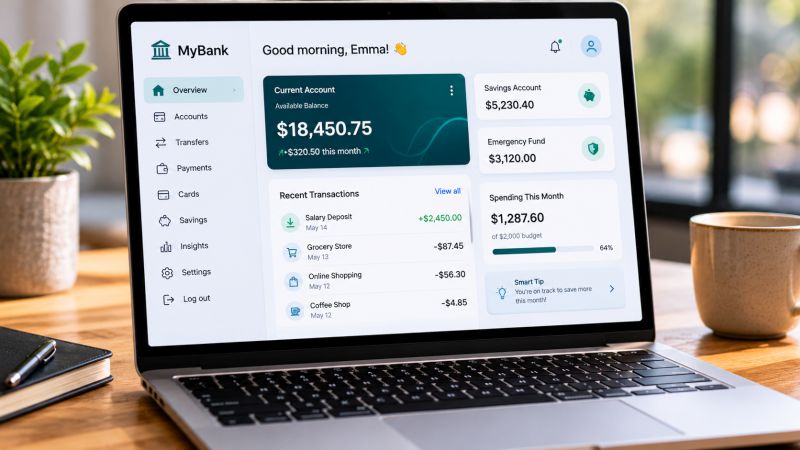 Laptop displaying a banking dashboard with a healthy account balance on a clean desk, surrounded by a coffee mug, notebook, and houseplants in a bright workspace. Image created with AI