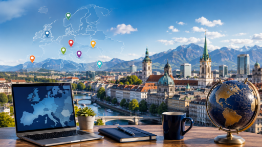 Modern European business workspace overlooking a scenic city skyline with mountains in the background, featuring a laptop, globe, notebook, and digital map of Europe with highlighted business destinations.