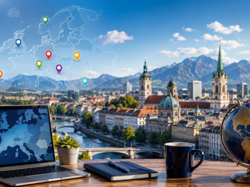 Modern European business workspace overlooking a scenic city skyline with mountains in the background, featuring a laptop, globe, notebook, and digital map of Europe with highlighted business destinations.