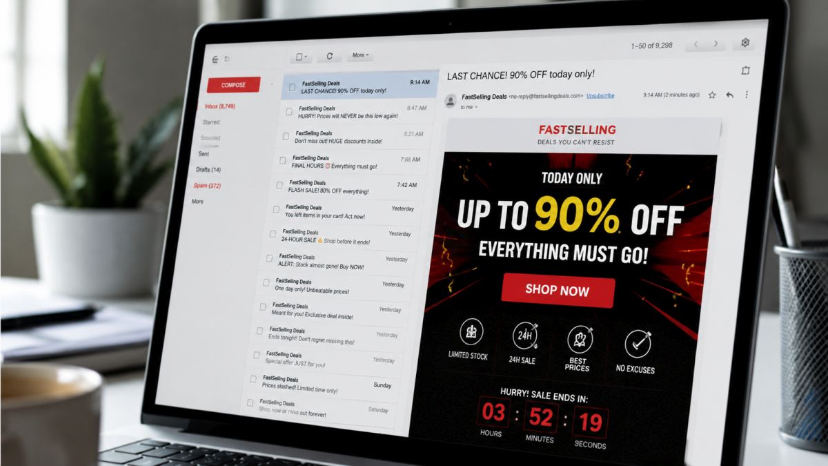 Laptop displaying an aggressive promotional marketing email filled with discount offers, countdown timers, and pushy sales language. Image cerated with AI