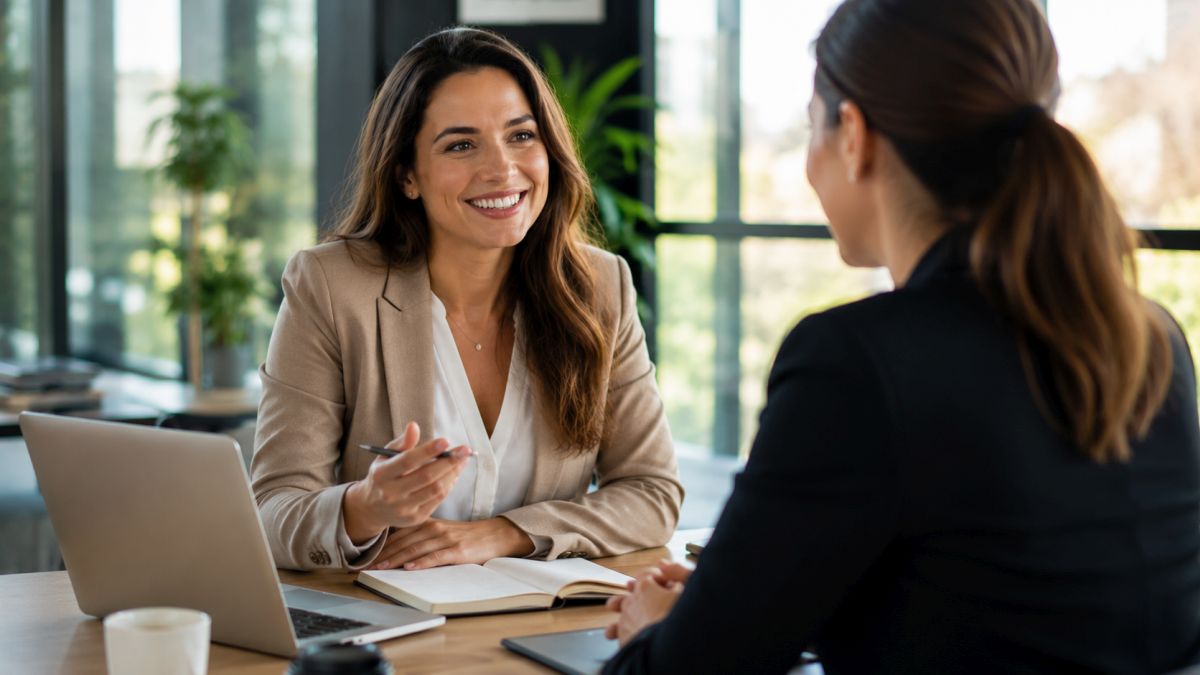 Two business professionals sit across from each other in a bright, modern office, engaged in a friendly and professional conversation. Image created with AI