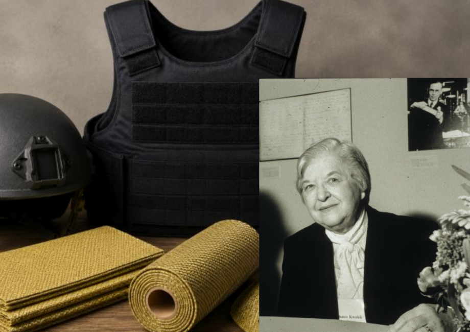 Stephanie Kwolek alongside Kevlar protective equipment and Kevlar fiber. Source: Photo of Stephanie Kwolek via Wikimedia Commons (public domain); https://commons.wikimedia.org/wiki/File:Stephanie_Kwolek_by_Harry_Kalish.png