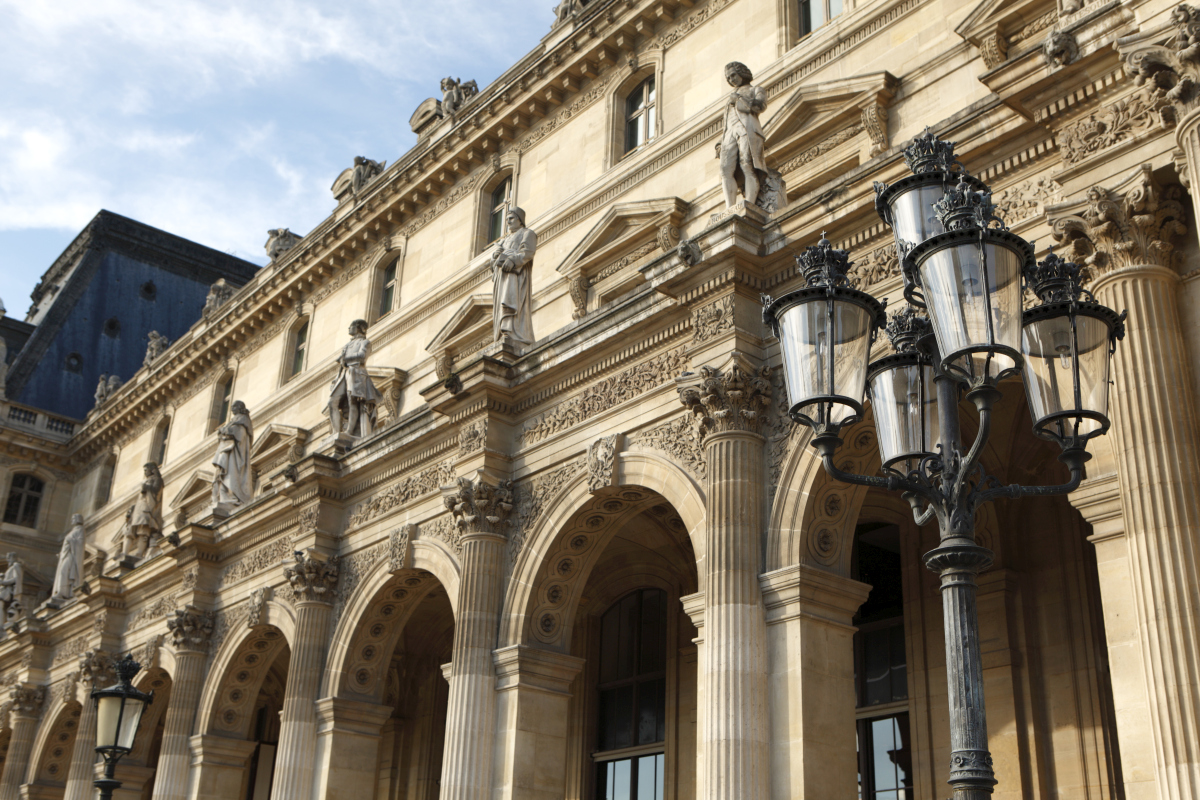 Louvre Museum exterior in Paris, France Source: https://www.magnific.com/free-photo/renaissance-architecture-street-lamp-louvre-museum-paris_4438345.htm# 