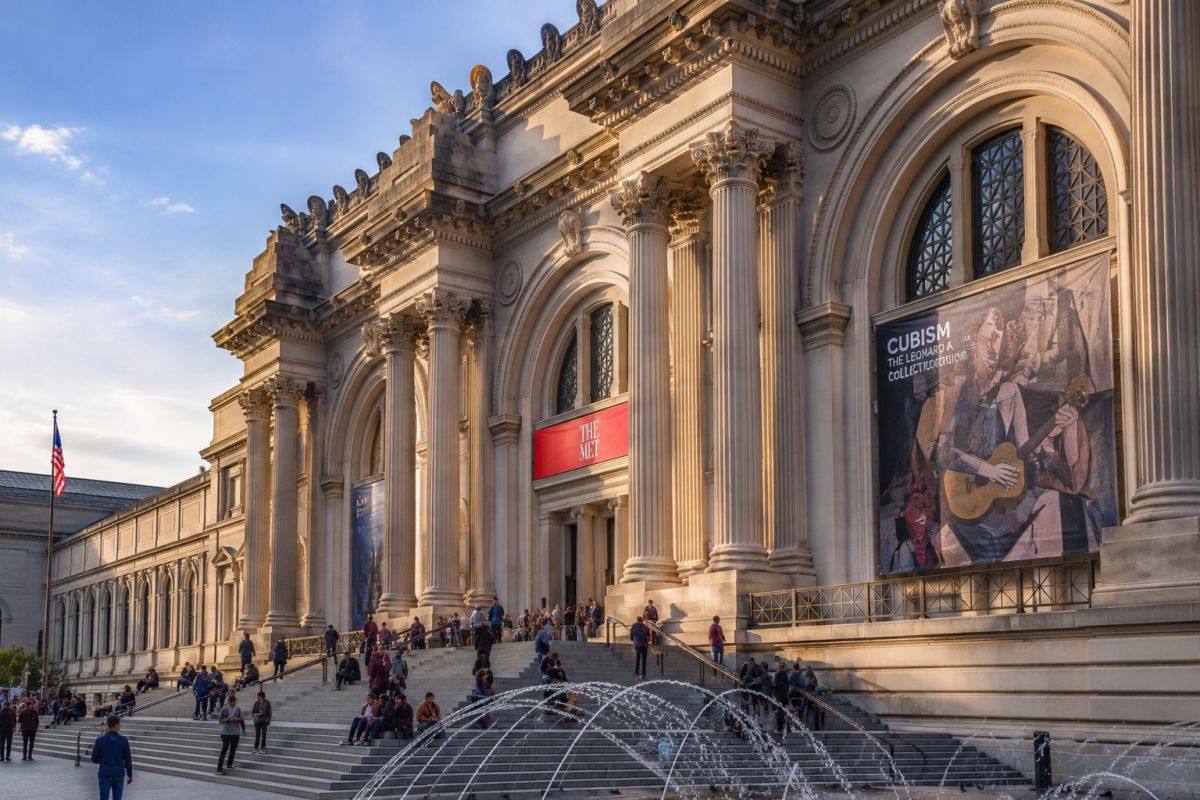 Visitors gathering on the grand steps of the Metropolitan Museum of Art in New York City, with its iconic neoclassical façade, towering columns, and fountain in the foreground. Image created with AI