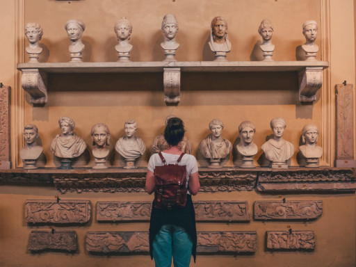 Museum visitor viewing a collection of ancient marble busts and archaeological artifacts displayed on a gallery wall. Source: https://www.magnific.com/free-photo/renaissance-architecture-street-lamp-louvre-museum-paris_4438345.htm