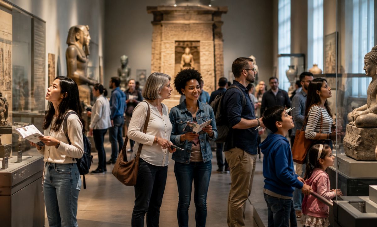 Diverse museum visitors of different ages and backgrounds exploring historical artifacts and cultural exhibits inside a spacious gallery. Image created with AI