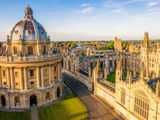 A panoramic view of the University of Oxford featuring the iconic Radcliffe Camera surrounded by historic colleges; Image created with AI