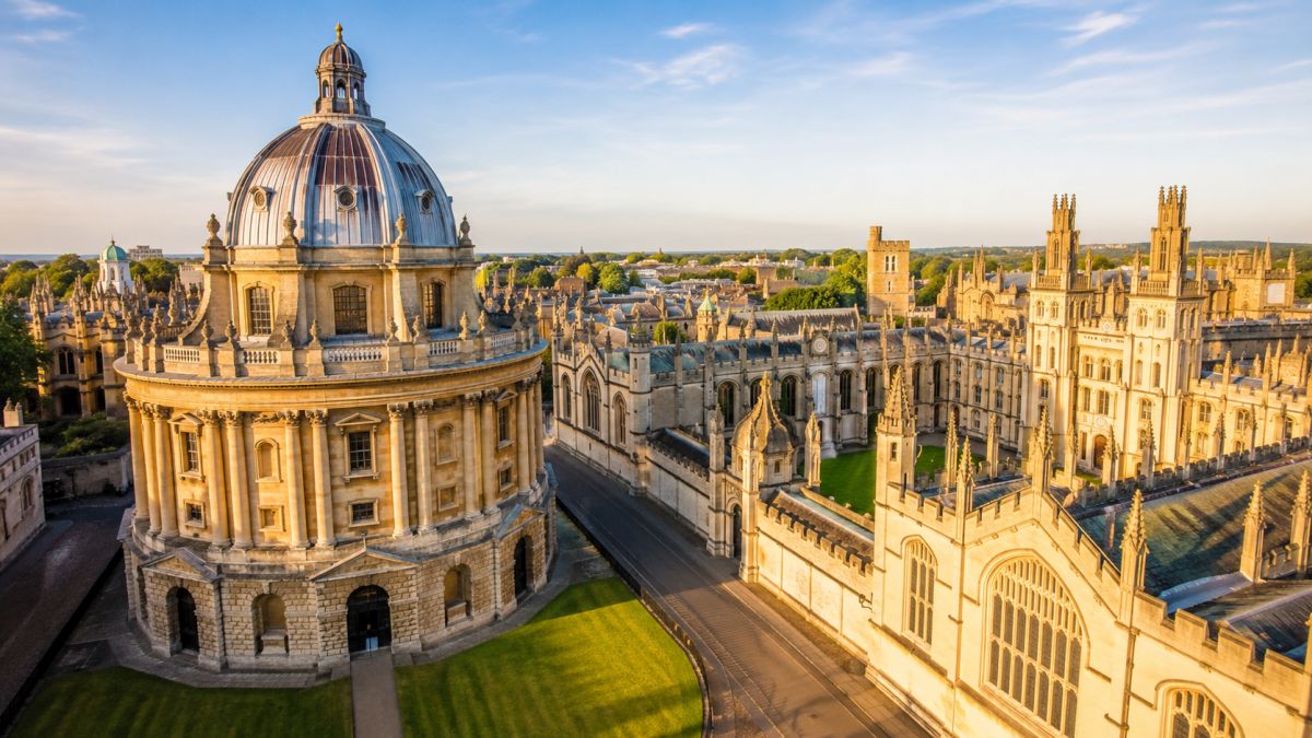 A panoramic view of the University of Oxford featuring the iconic Radcliffe Camera surrounded by historic colleges; Image created with AI