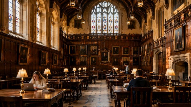 A historic Oxford University dining hall with high vaulted ceilings, stained-glass windows, dark wood paneling; Image created with AI