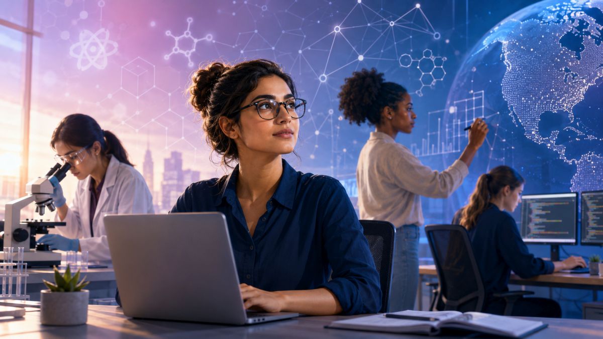 Illustration of diverse women working in STEM, including software development, scientific research, and data analysis; Image created with AI