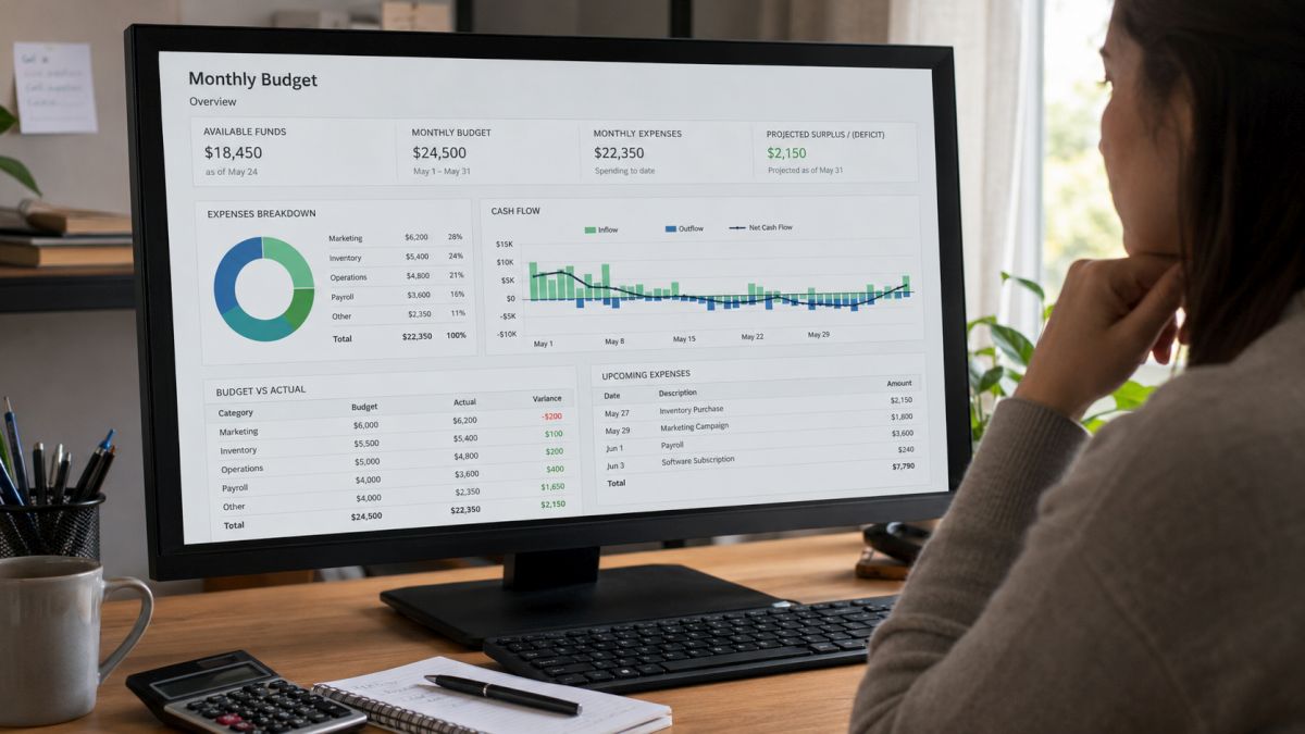 Computer monitor displaying a business budget and cash-flow dashboard, with an entrepreneur reviewing the figures beside it. Image created with AI