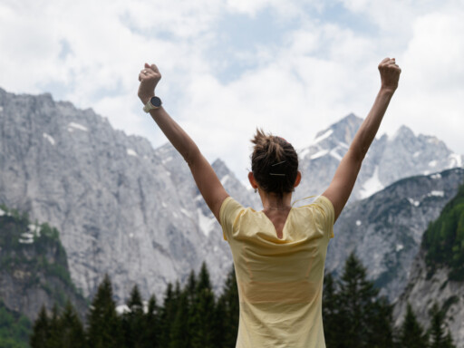 Woman raising her arms in triumph while overlooking a dramatic mountain landscape. Source: https://www.magnific.com/premium-photo/young-woman-standing-beautiful-rocky-mountains-with-her-arms-raised-high_16173706.htm