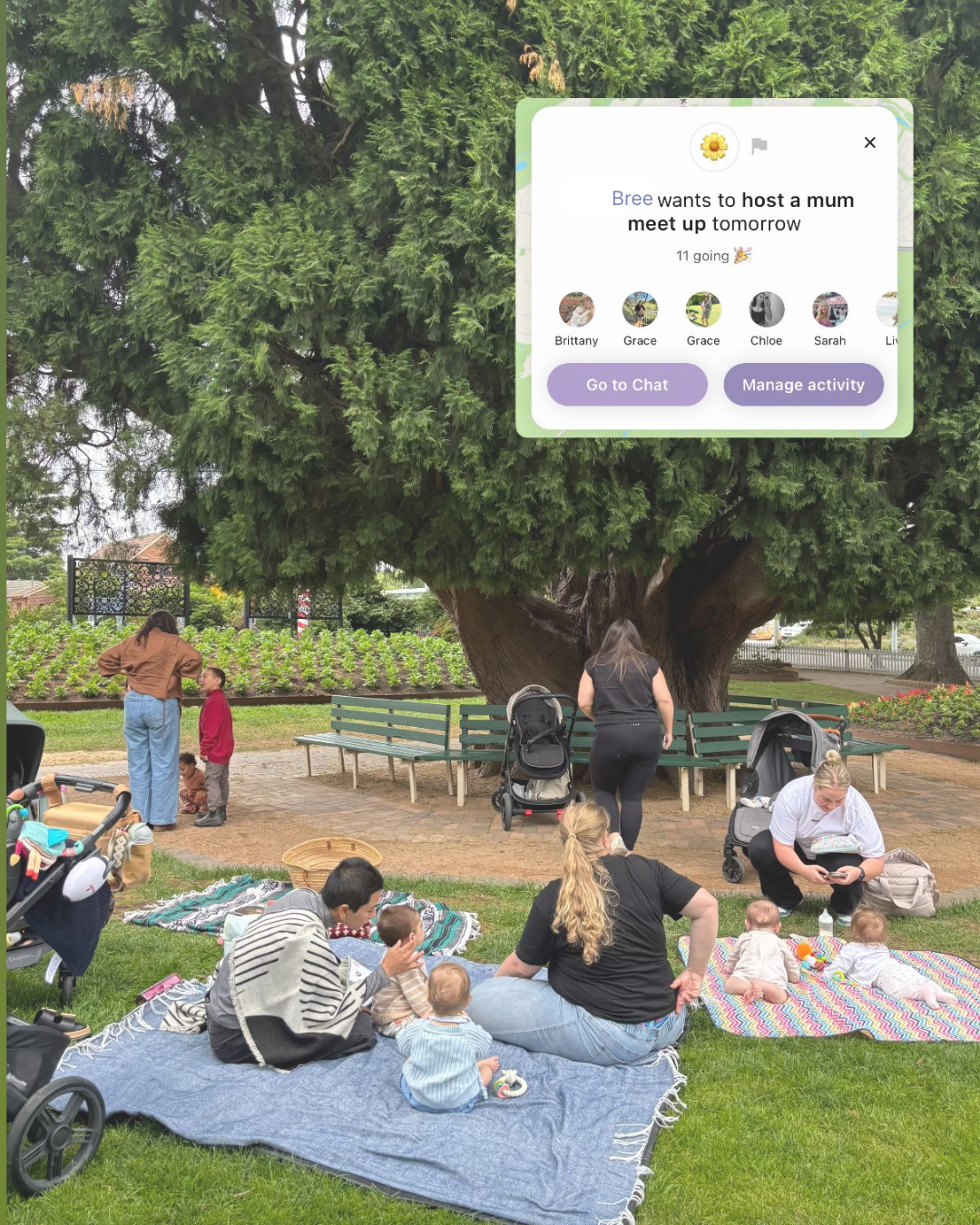 Mothers and babies gather in a park beneath a Villagehood app screen showing details of a local mum meet-up.Caption: The Villagehood app helps mothers discover and organise meet-ups in their local communities. Credit: Image courtesy of Brittany Bloomer / Villagehood.