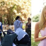 Brittany Bloomer holds up the Villagehood app beside a group of mothers meeting with their babies in a park. Photo credit: Photo courtesy of Brittany Bloomer / Villagehood.